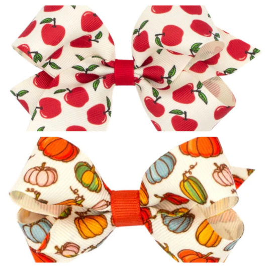 Mini Harvest Themed Print Grosgrain Apple or Pumpkins Bow