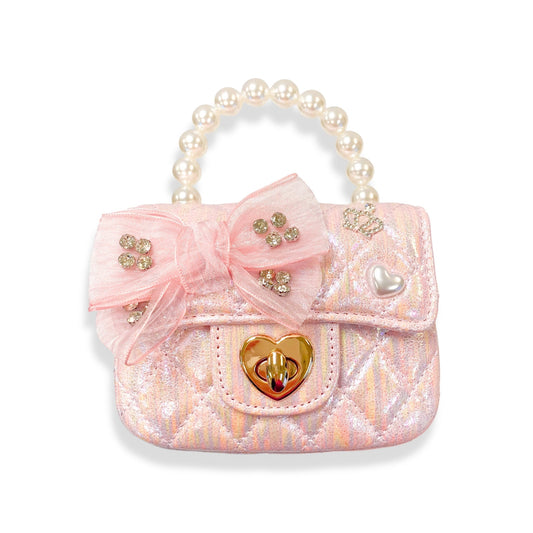 Embellished Bow Shiny Quilted Purse Pink