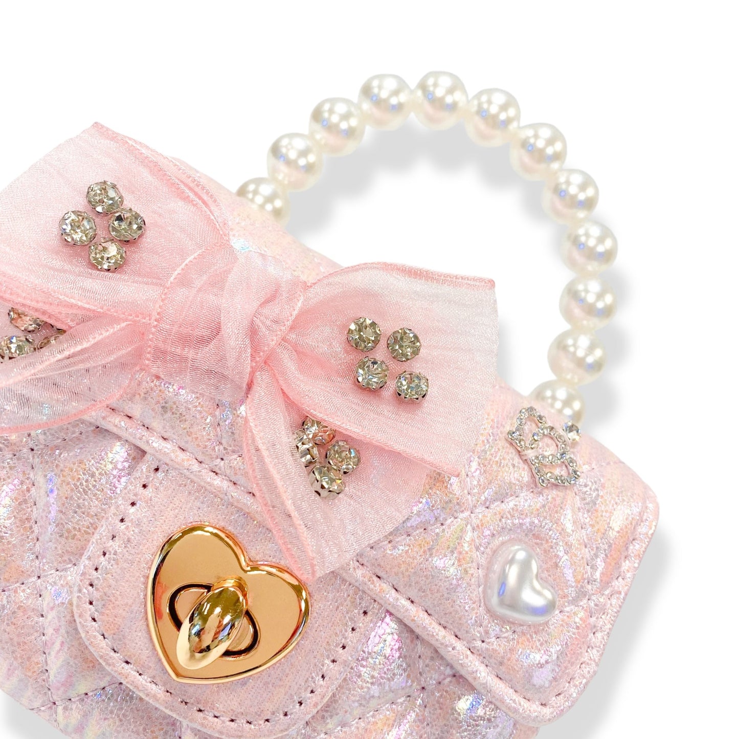 Embellished Bow Shiny Quilted Purse Pink