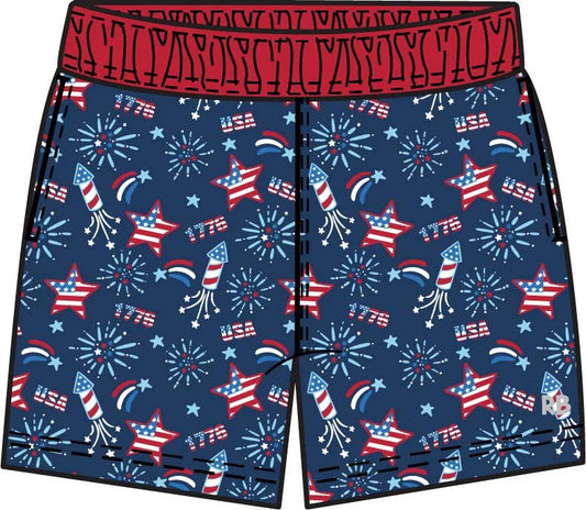 Red White Boom Performance Hybrid Swim Trunks