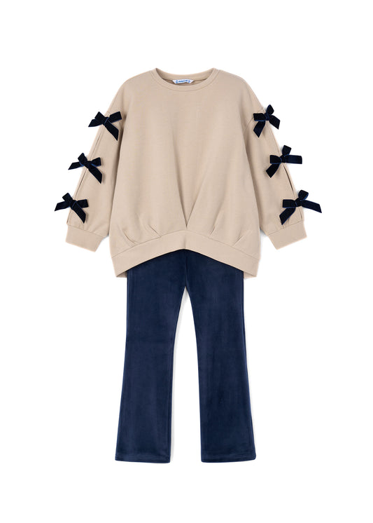Bow Sweatshirt & Velvet Flare Legging Set