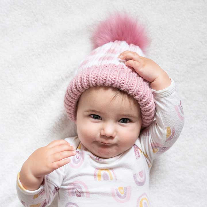 Rosy Pink Buffalo Check Pom Pom Beanie Hat