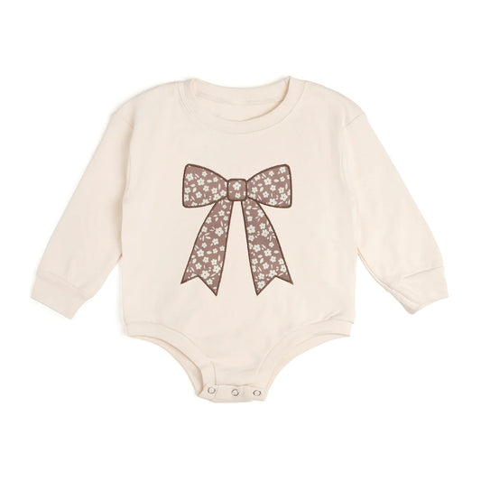 Mocha Floral Bow Patch Long Sleeve Romper