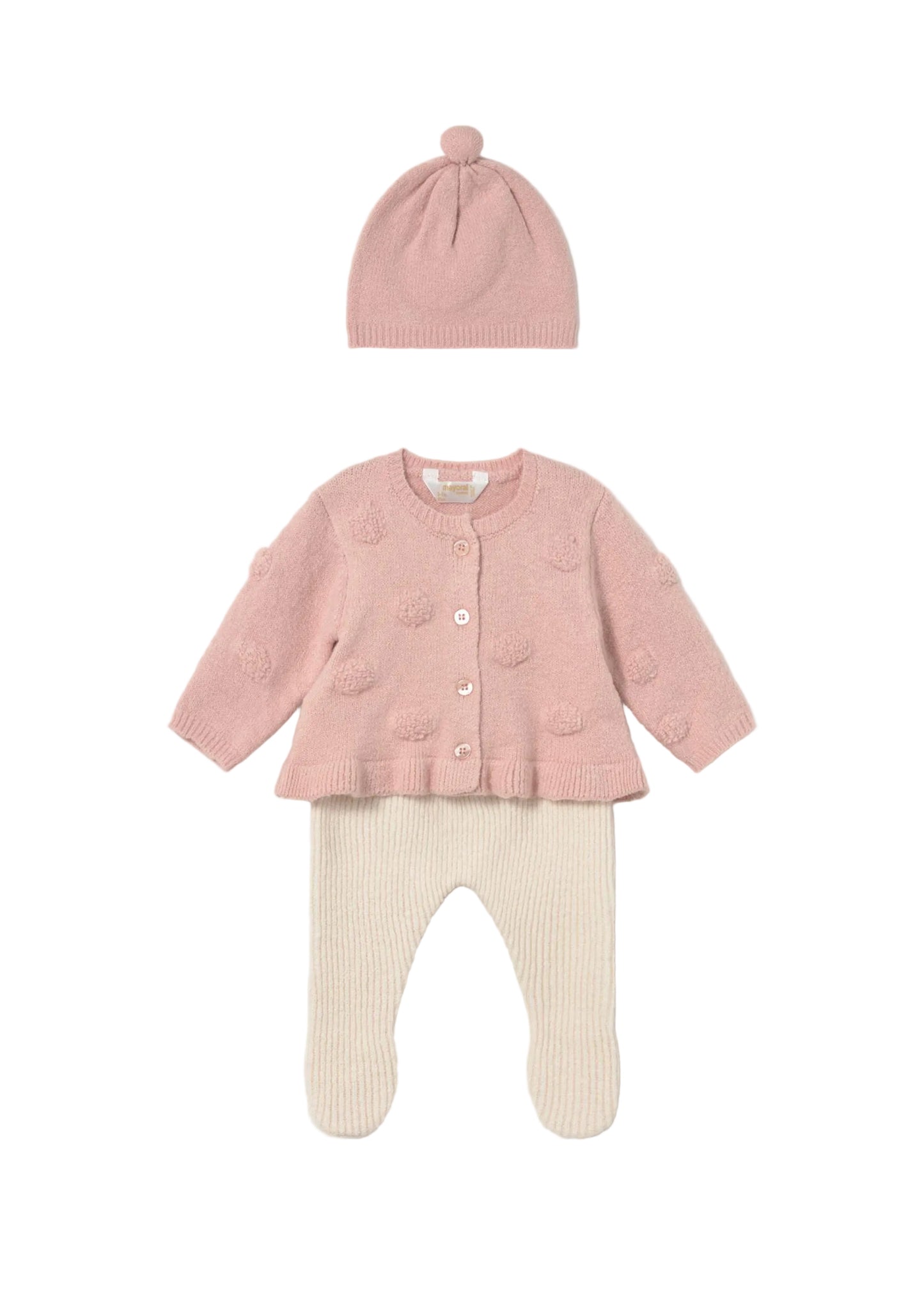 Pink Knit Footed Pants & Cardigan Set With Hat