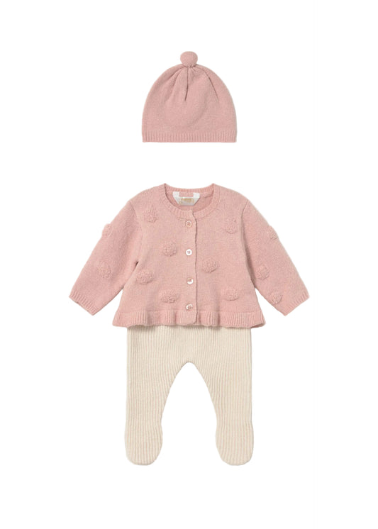 Pink Knit Footed Pants & Cardigan Set With Hat