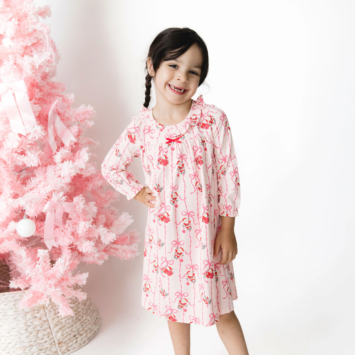 Bows & Santa Long Sleeve Gown With Ruffle Collar