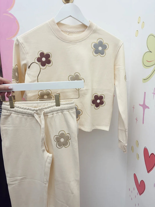 Rhinestone Flowers Sweatshirt & Pant Set