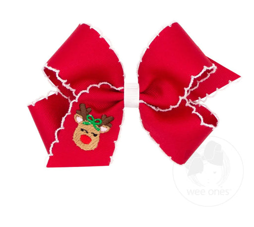 Medium Hair Bow with Moonstitch Edge and Christmas Embroidery- Reindeer