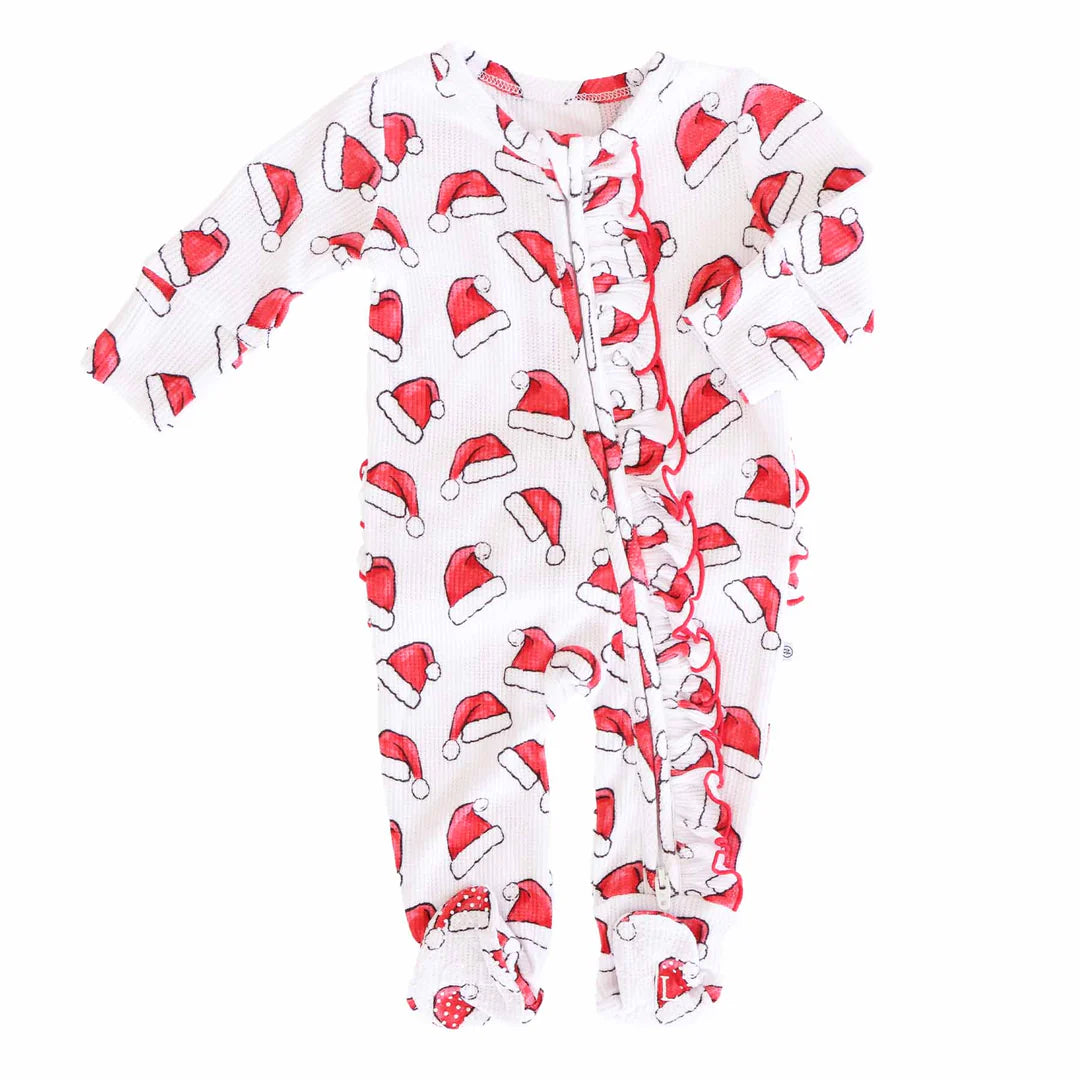 Santa Baby Bamboo Waffle Zipper Ruffle Footie