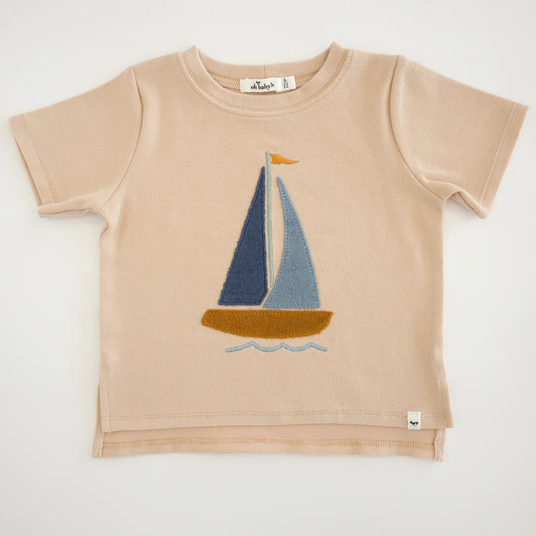 Denim Sailboat Terry Applique Raw Edge Tee