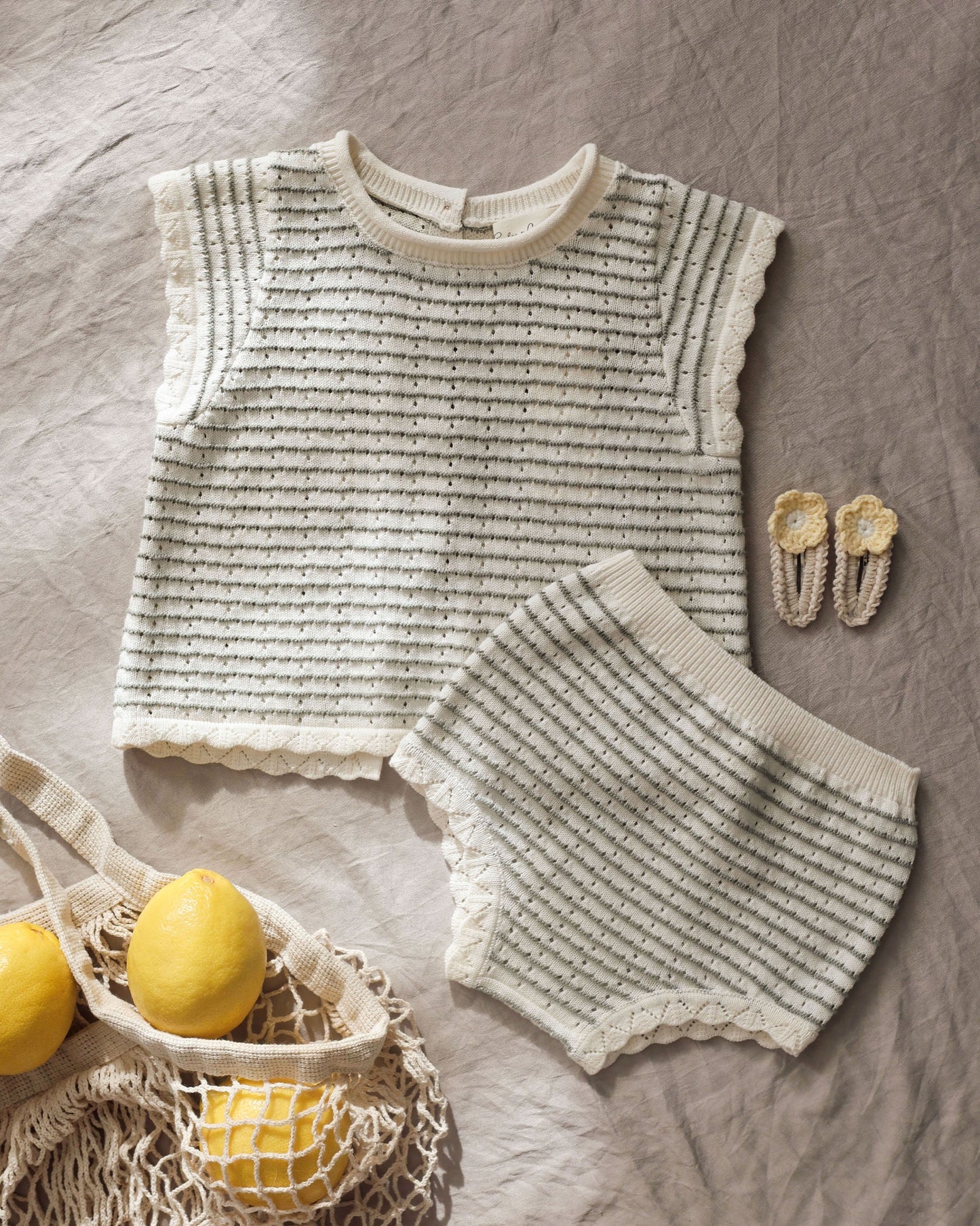 Scallop Knit Baby Set Sage Stripe