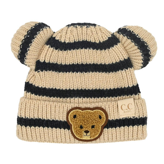 Baby & Toddler Striped Teddy Bear Double Pom Beanie