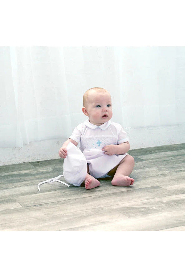 Boy Baptism and Christening White Smocked Cross Romper with Bonnet