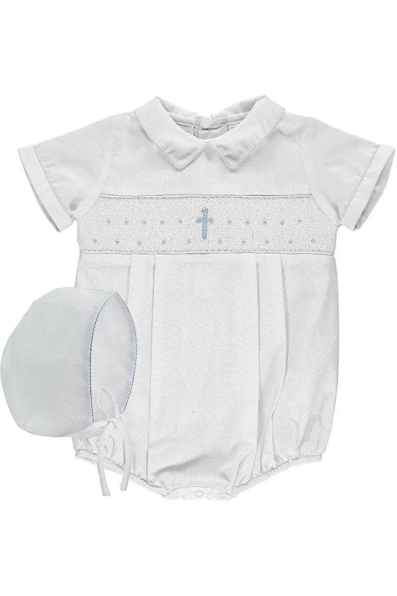 Boy Baptism and Christening White Smocked Cross Romper with Bonnet