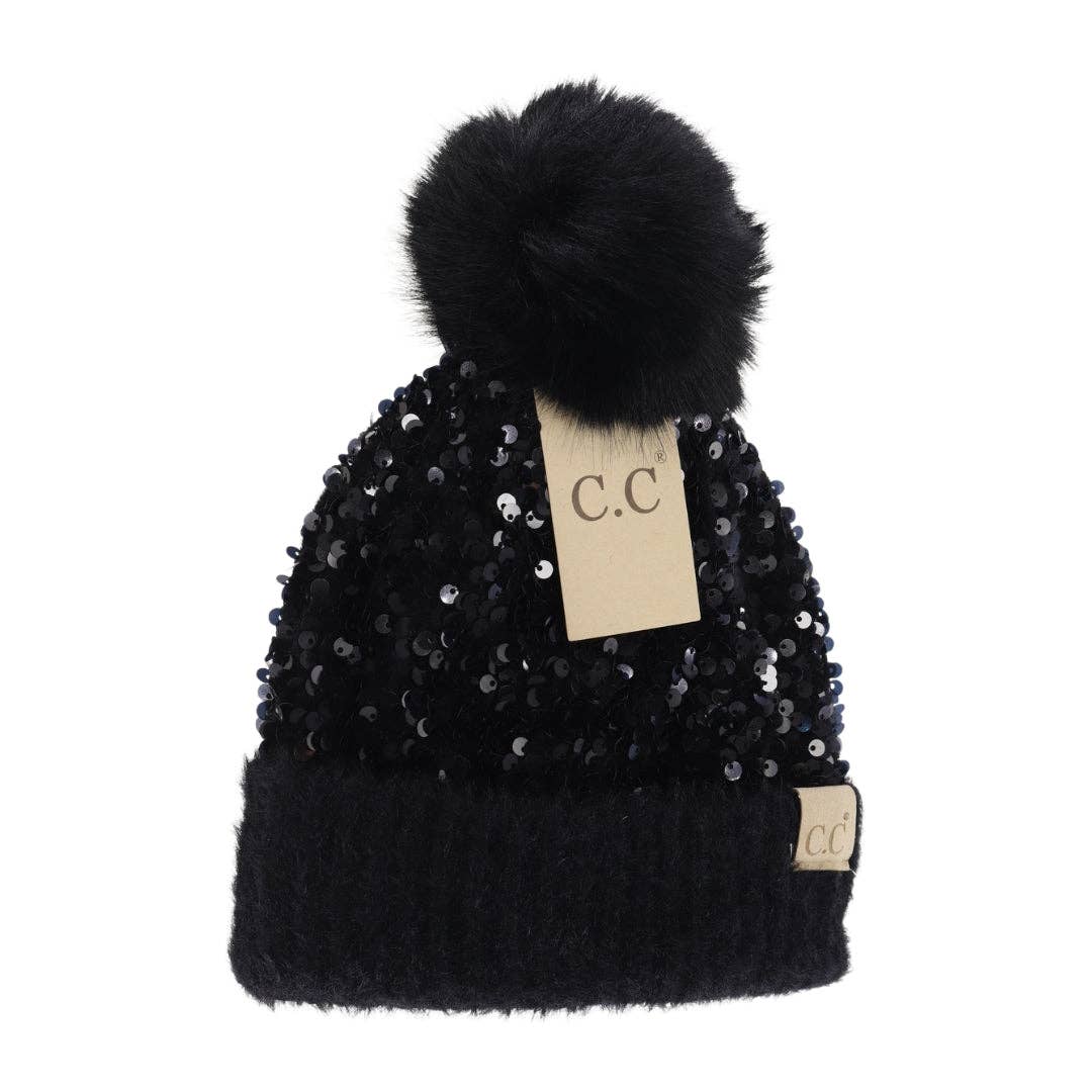 Toddler & Kids Cluster Sequin Fuzzy Lined Faux Fur Pom Beanie