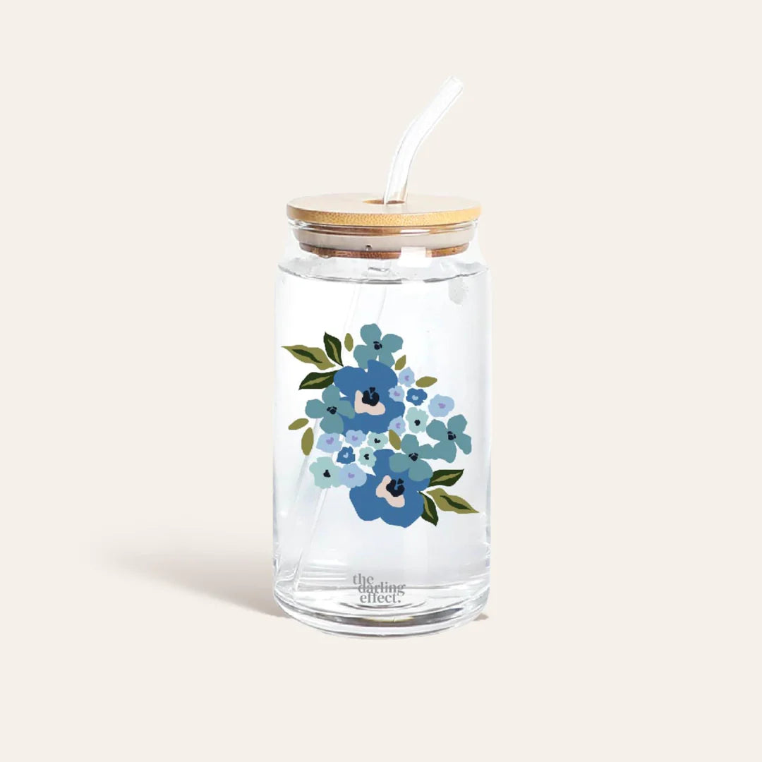 Iced Coffee Cup - Floral Blue Glass Drinkware