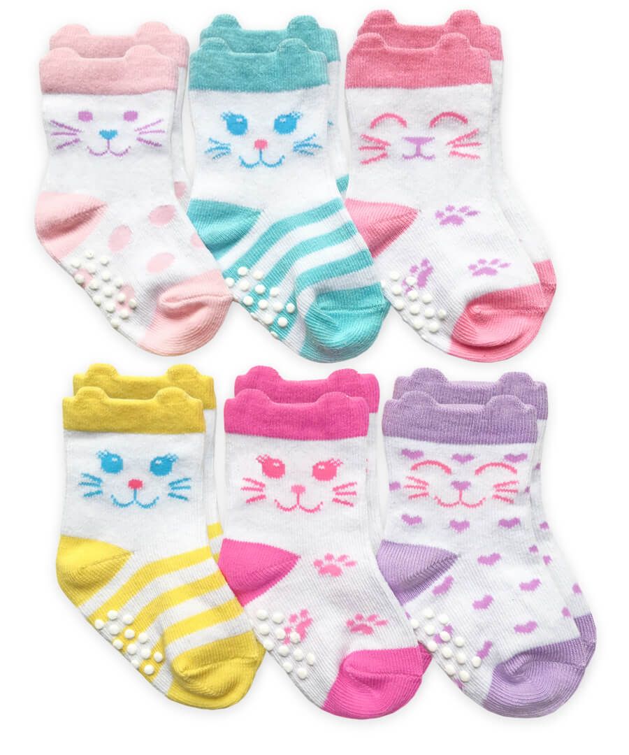 Non-Skid Cat Crew Socks 6 Pair