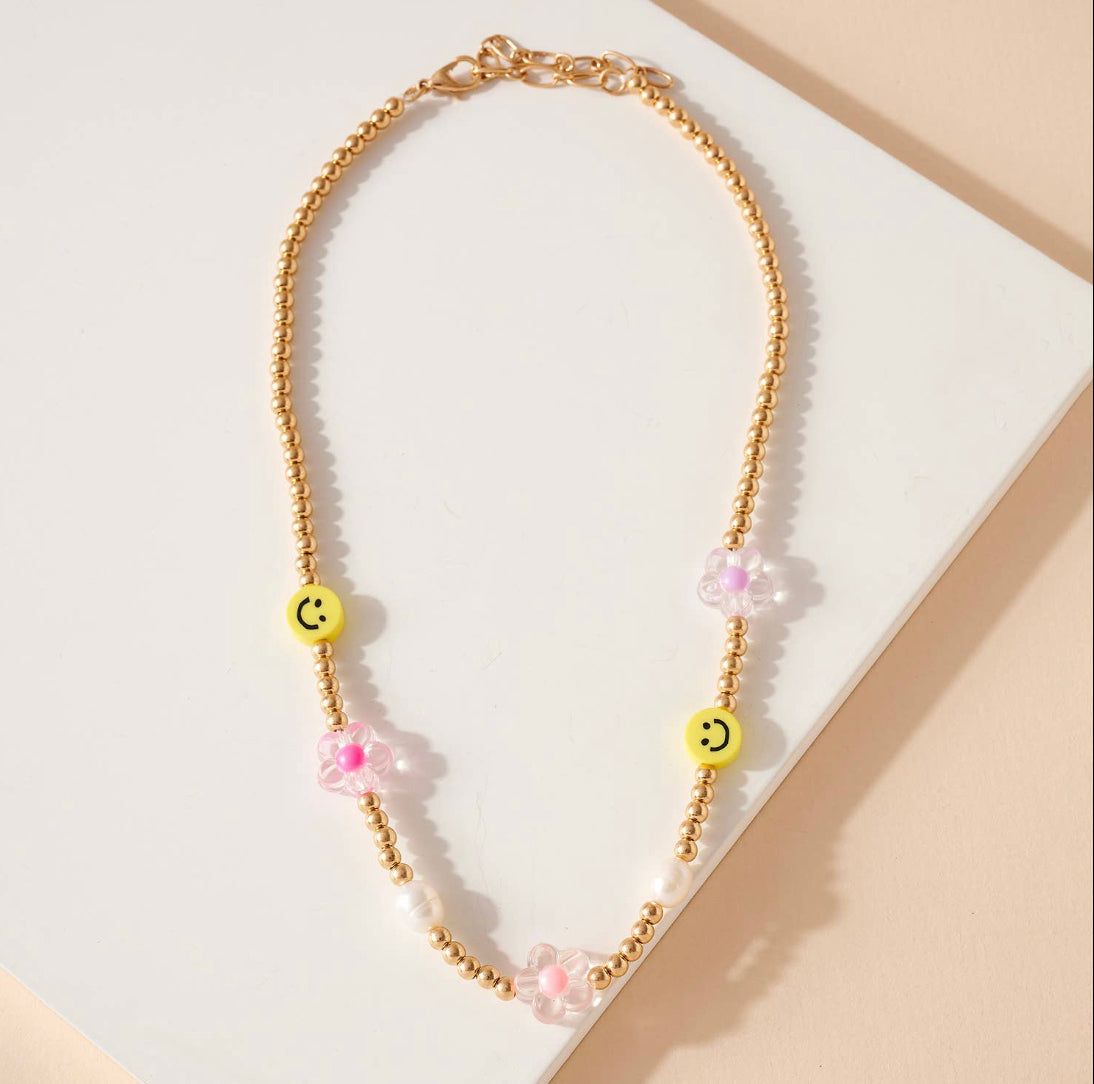 Smiley Face Flower and Heart Bead Necklace