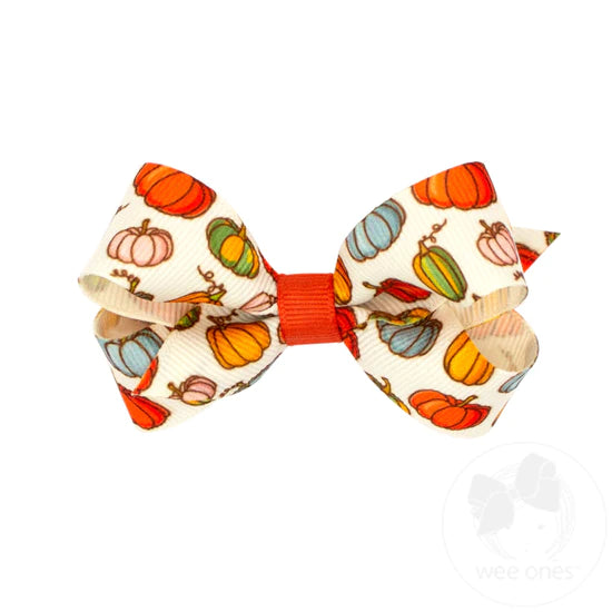 Mini Harvest Themed Print Grosgrain Apple or Pumpkins Bow