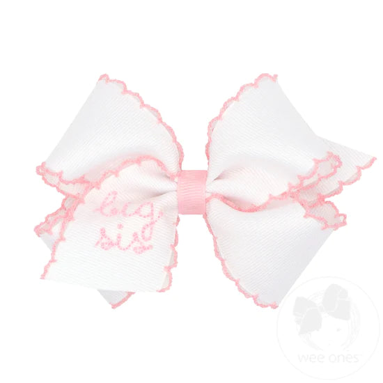 Grosgrain Moonstitch Girls Hair Bow with Embroidered Sister Status