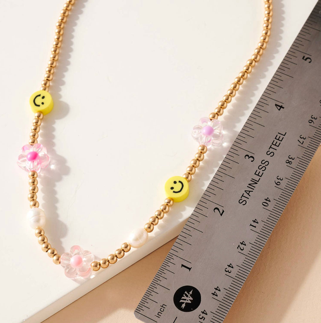 Smiley Face Flower and Heart Bead Necklace