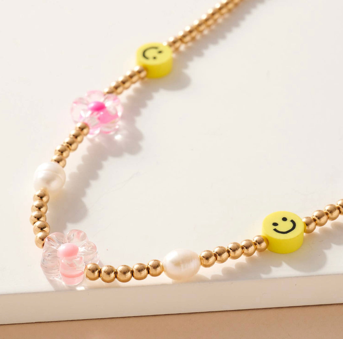 Smiley Face Flower and Heart Bead Necklace