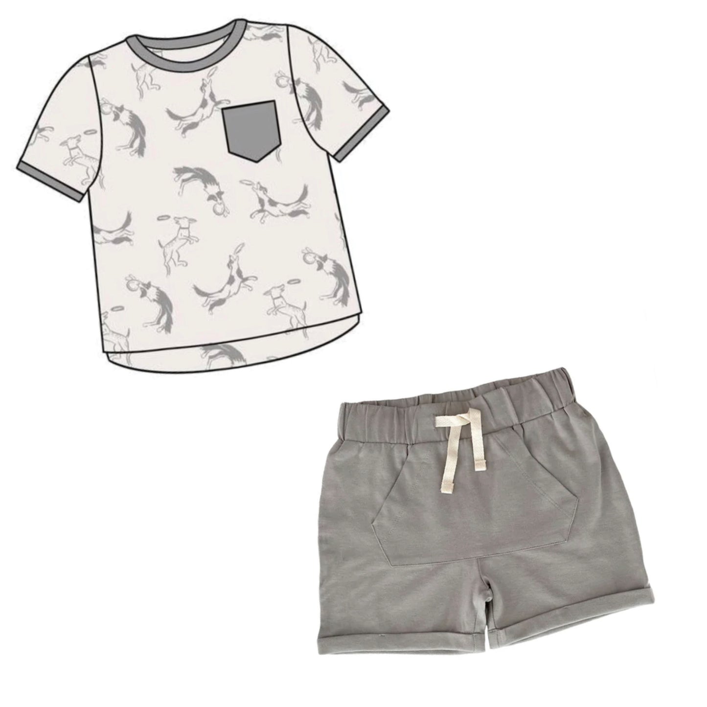 Pocket Tee & Kangaroo Short Set-Putty Dogs