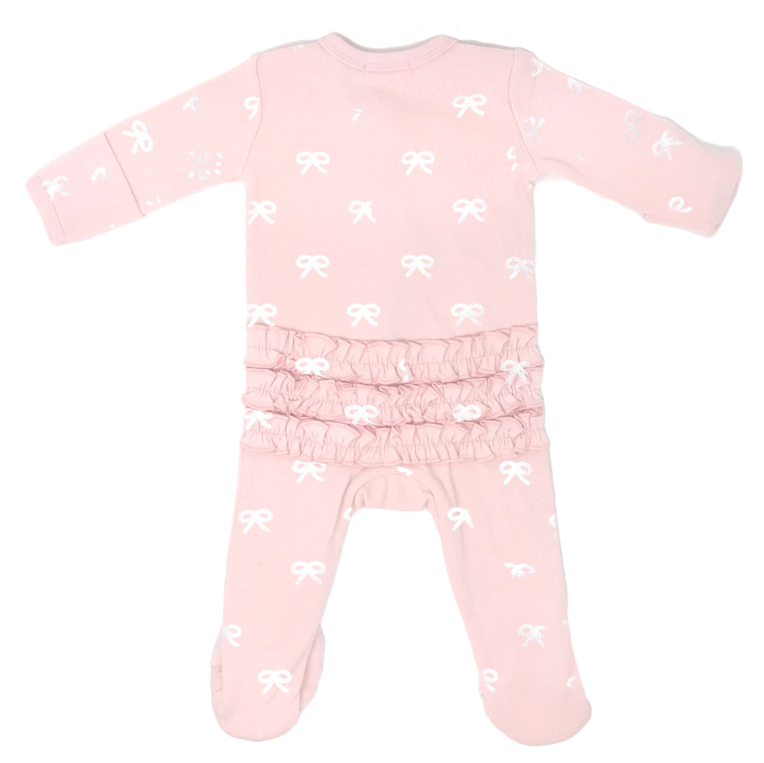 Silver Bows Zipper Ruffle Footie Baby Rib