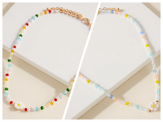 Flower Glass Bead Choker Necklace