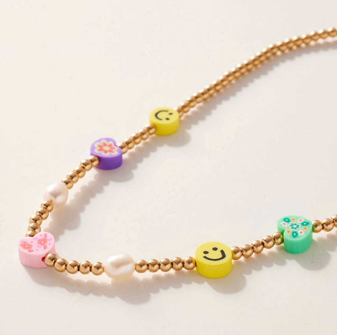 Smiley Face Flower and Heart Bead Necklace