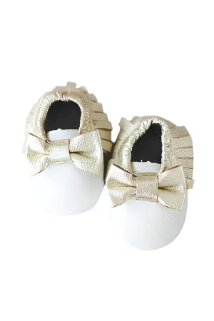 White and Gold Bow Leather Baby Moccasins