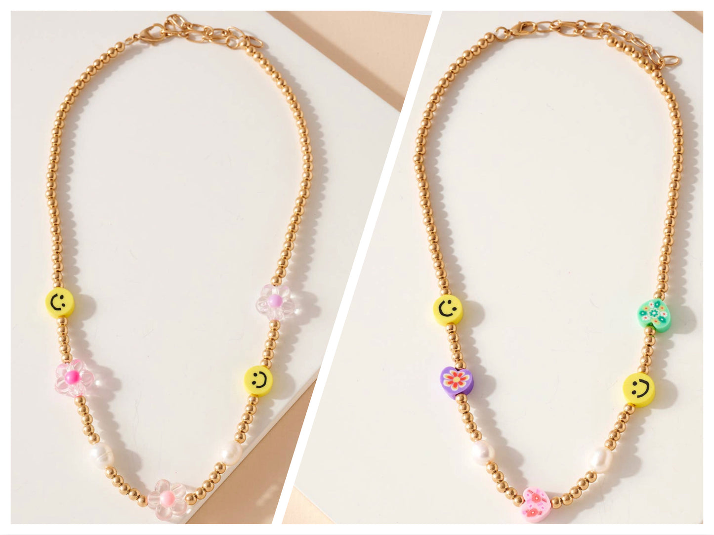 Smiley Face Flower and Heart Bead Necklace