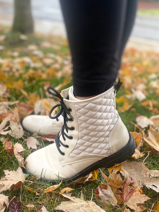 Antique White Lace-Up Ankle Boots